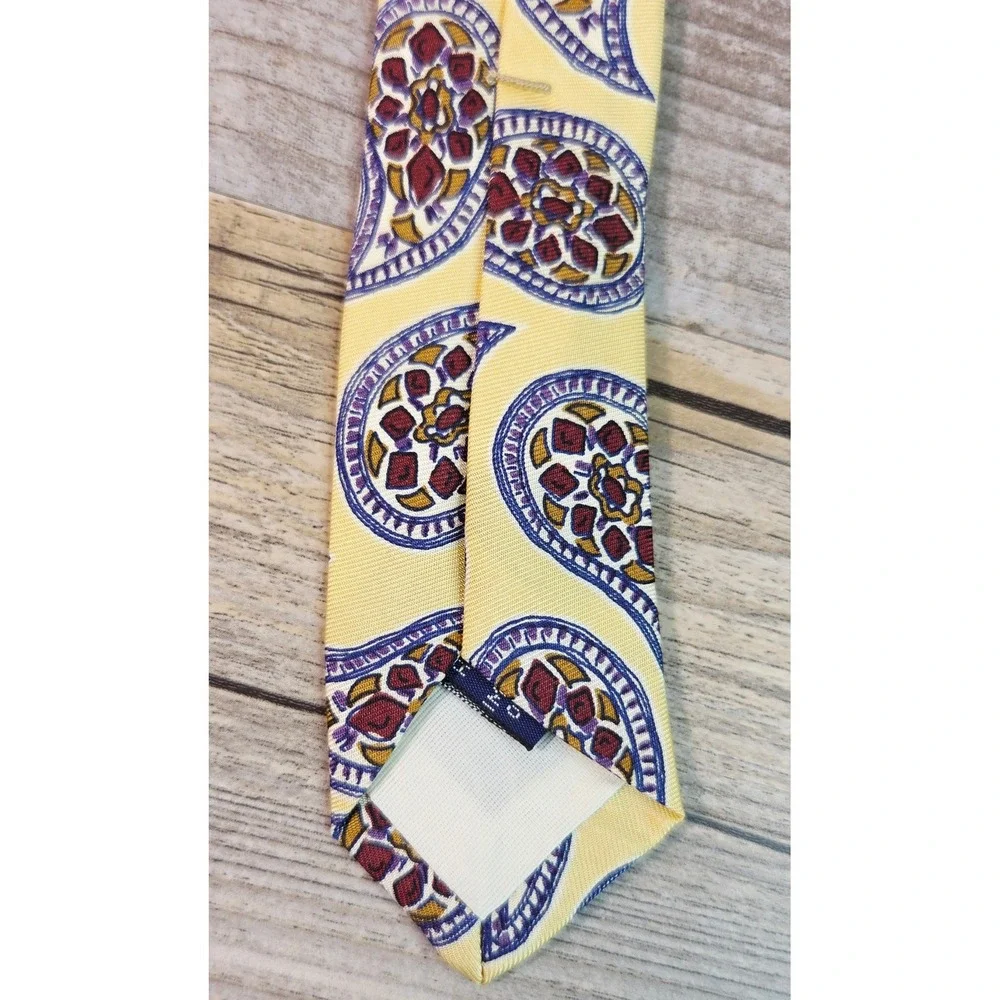 Lands End Mens Silk Tie‎ Yellow Paisley Purple Red Handsewn USA Classic Business